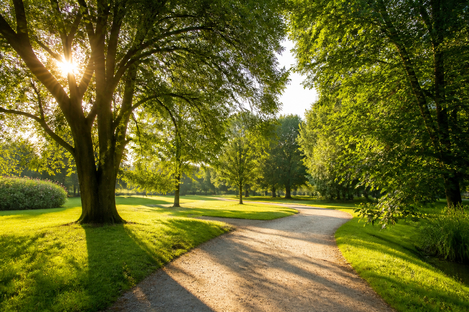 Sunlit forest path in a peaceful park